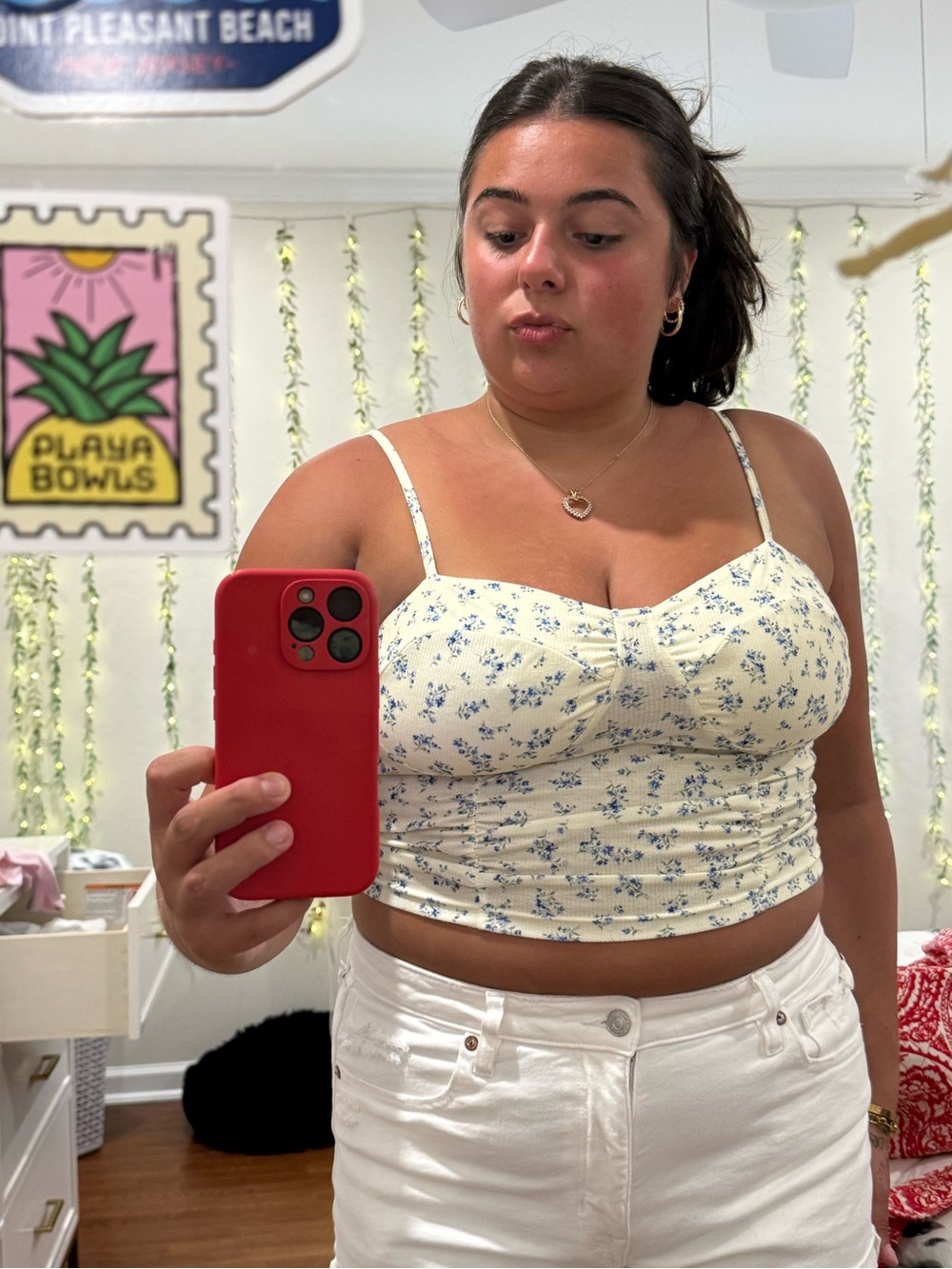 Floral Ruched Crop Cami Top - Cream/Blue
